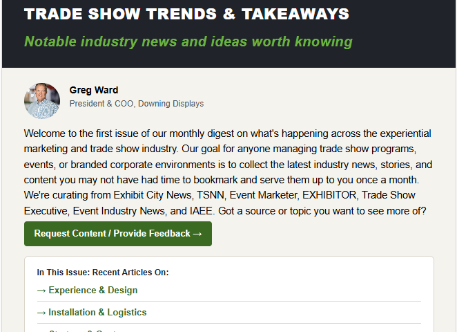trade show trends and takeaways newsletter issue 1, September 2026 (screenshot)